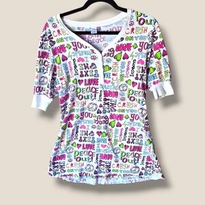 Women’s White Graphic Henley Tee with Pink & Green Doodle Print